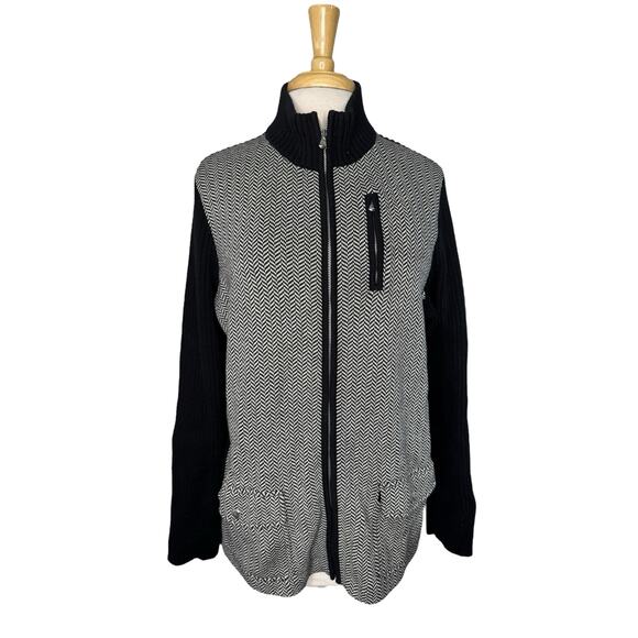 RALPH LAUREN LRL Herringbone Colorblock Zip Cardigan Sweater Size 1X Black White - Picture 1 of 9